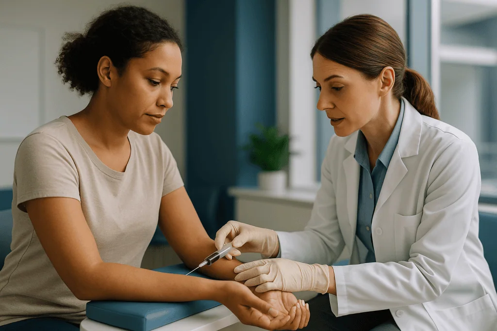 Healthcare provider administering injection or blood draw to patient: How to check cortisol levels with a blood test