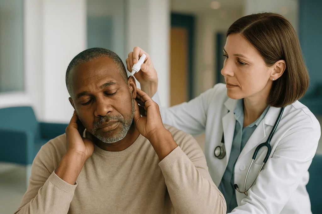 Doctor examining patient's ear with otoscope: How to clean ear wax safely at home with softening drops