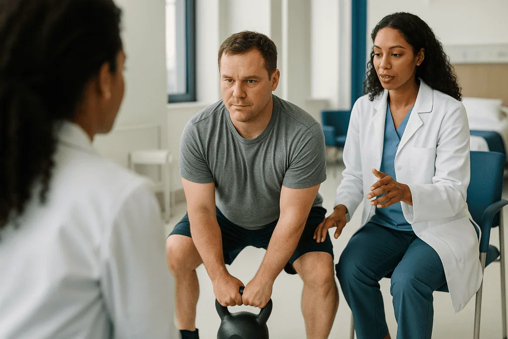 Patient with kettlebell consulting with female physician indoors: How to do kettlebell swings: a step-by-step form guide