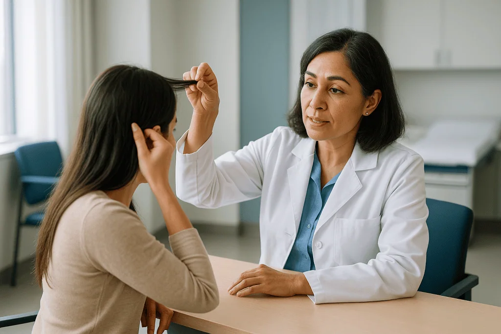 Doctor examining patient's hair during medical consultation: How to do the hair pull test the way a dermatologist does it