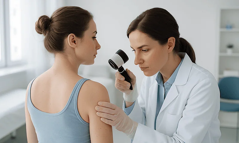 Dermatologist examining patient's skin with a dermatoscope in a clinical setting.