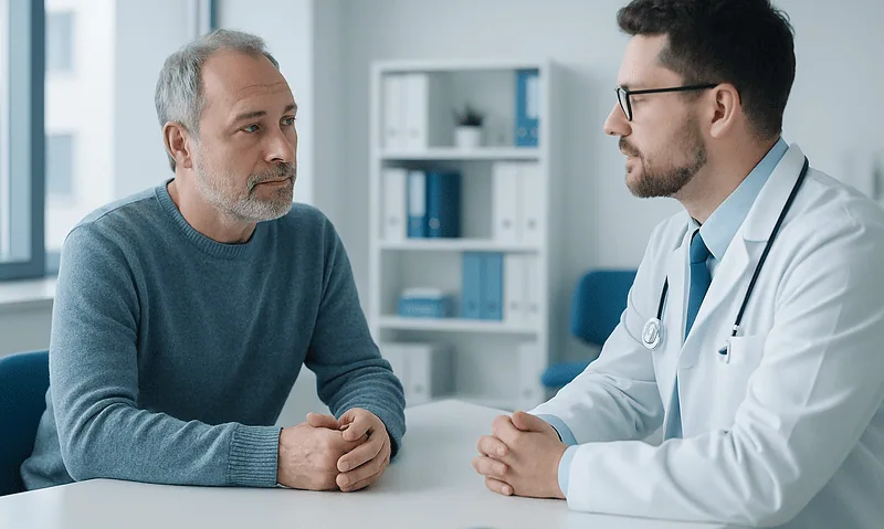 Doctor consulting with middle-aged male patient in a modern clinic.