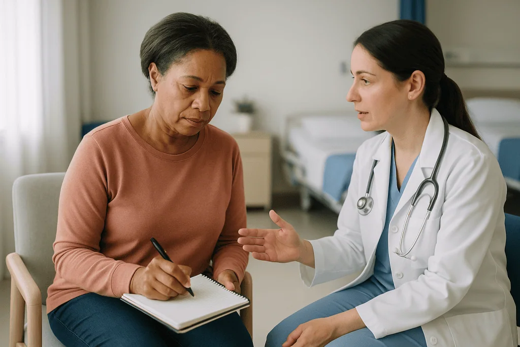 Female doctor consulting with middle-aged female patient: How to keep a bladder diary for incontinence that your clinician c