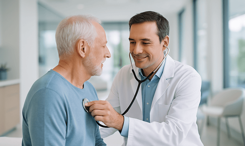 Doctor examining senior patient with stethoscope in hospital.