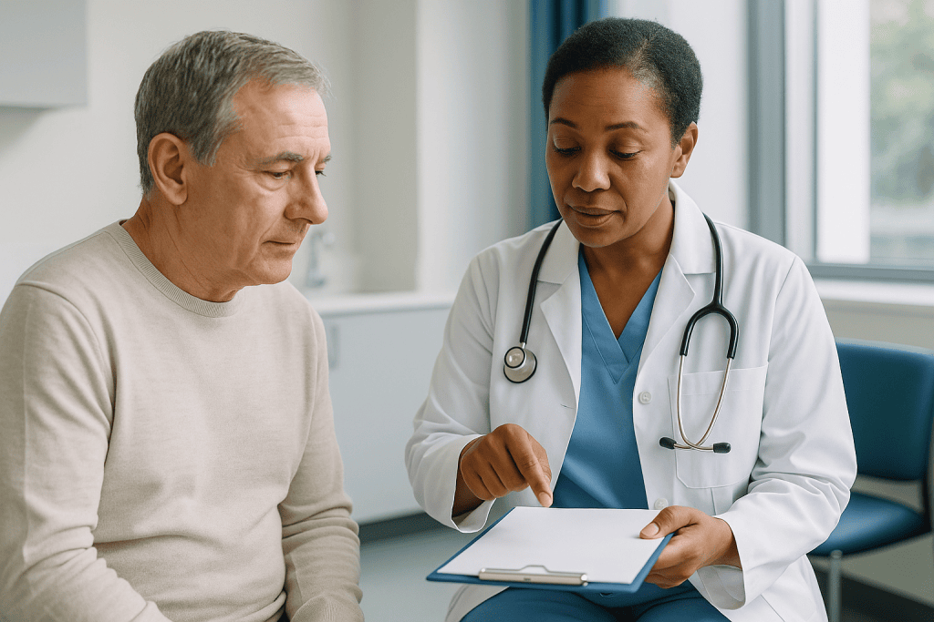 Doctor reviewing medical records with senior male patient: How to read urodynamic test results: start with the header, not t
