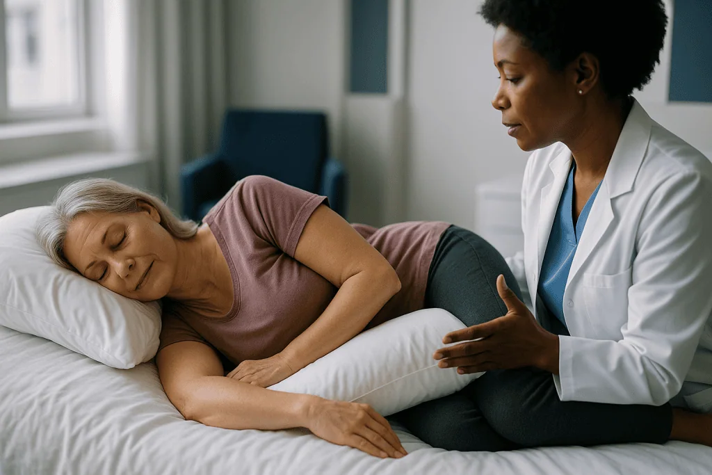 Doctor examining patient's hip during medical consultation: How to sleep with hip bursitis without lying awake