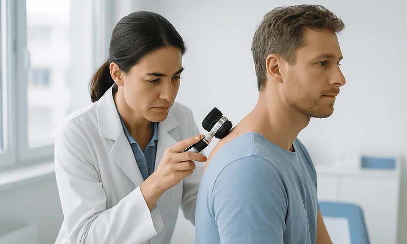 Dermatologist examining man's skin with a dermatoscope in a clinic setting.