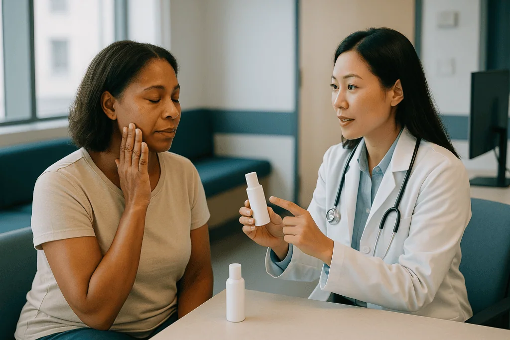 Dermatologist consulting patient about skincare product: How to start a skincare routine: the four dermatologist steps at a 