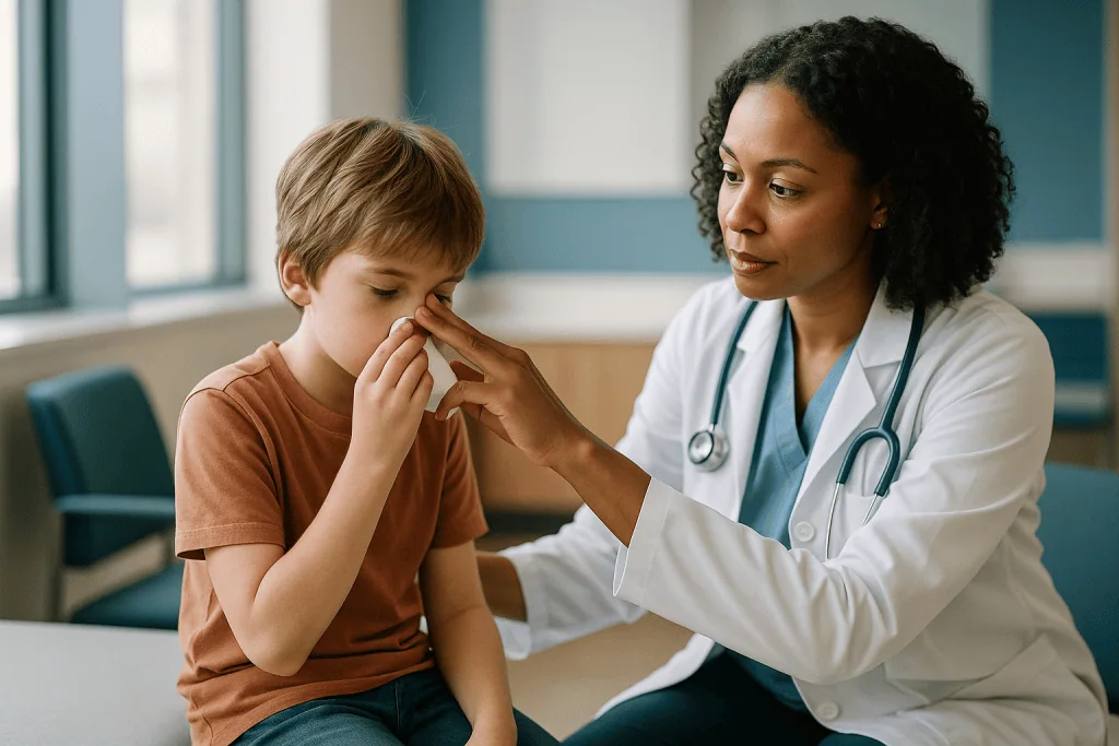 Female doctor examining child's nose in clinic: How to stop a nosebleed in a child, step by step