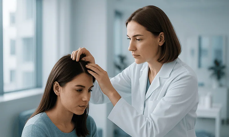 Doctor examining woman's scalp for hair loss treatment at Acibadem Hospital.