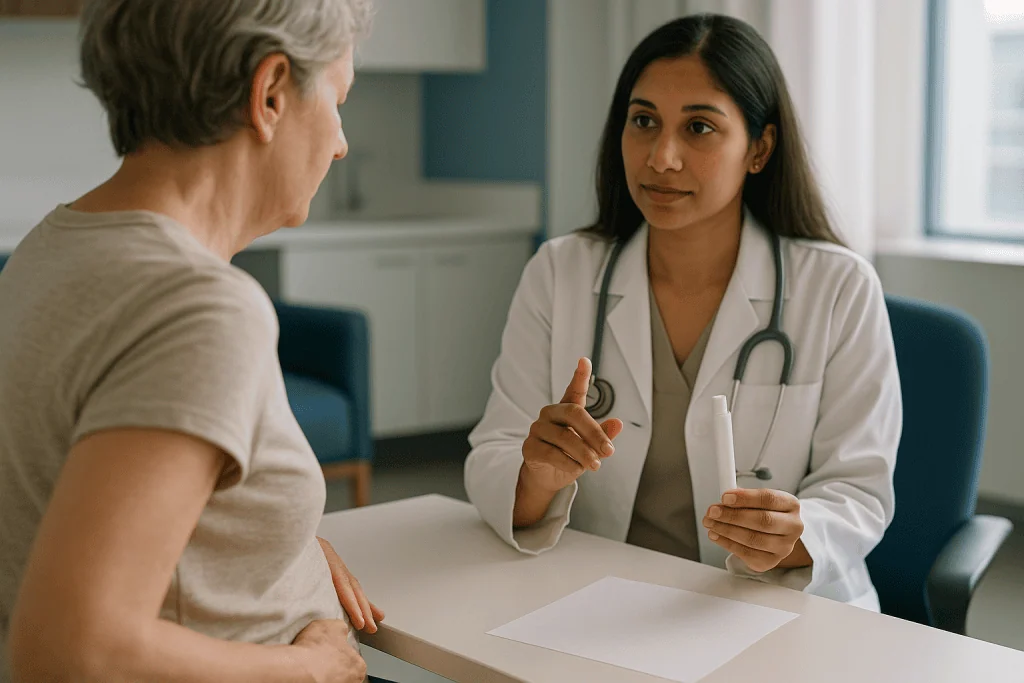 Doctor consulting with older female patient at desk: How to tell if you need estrogen cream