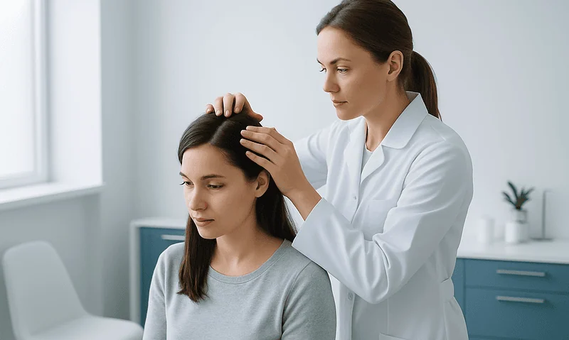 Doctor examining patient's scalp after hair transplant procedure.