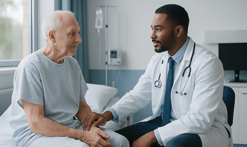 Doctor consulting elderly patient in hospital room for kidney health.