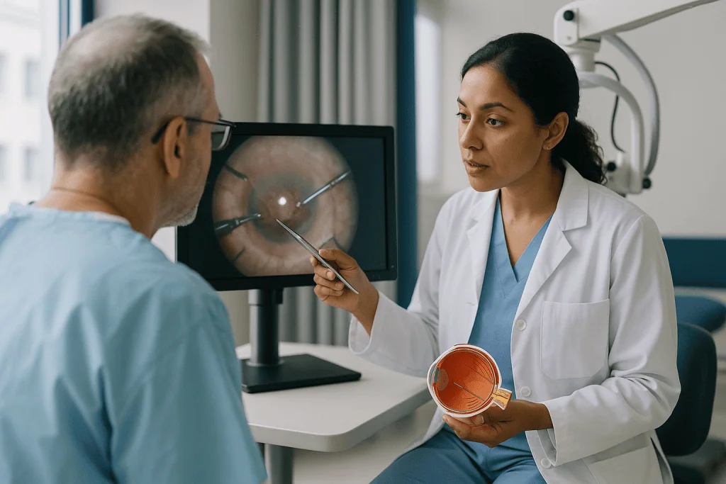 Ophthalmologist discussing eye anatomy model with patient: How vitrectomy surgery is performed, step by step