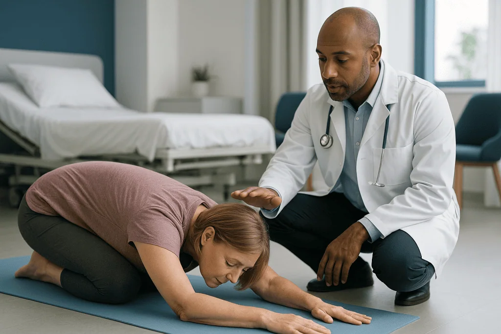 Doctor observing patient performing forward bend yoga pose: How yoga is thought to work on a sore back