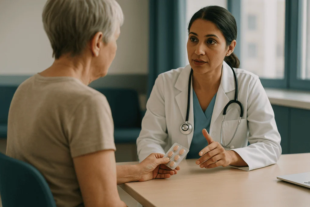 Female doctor consulting senior female patient in clinic: HRT is not one thing: why type, route and timing decide the side e