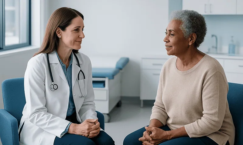 Doctor consulting with an elderly female patient in a modern hospital room.