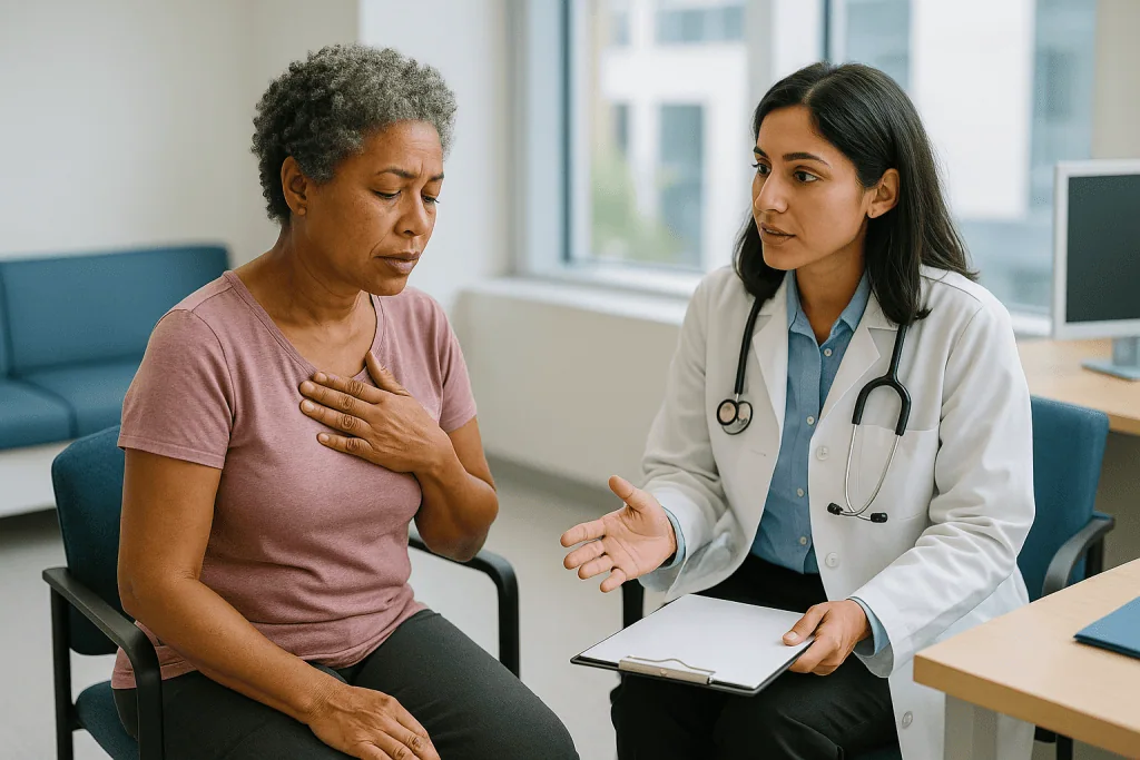 Doctor consulting patient about health concerns: HRT side effects in the first months: what settles and what does not