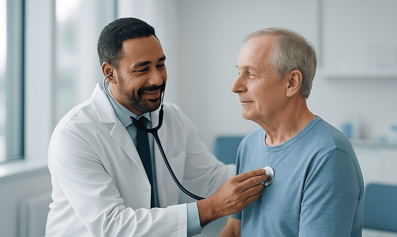 Doctor examining an elderly male patient with a stethoscope in a clinic setting.