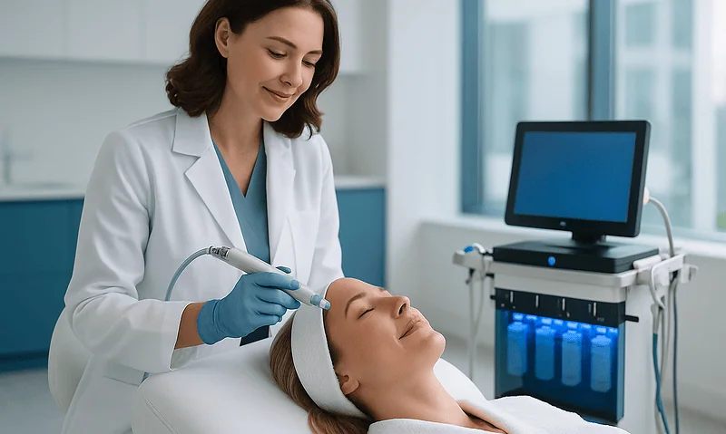Skincare specialist performing HydraFacial on patient in clinic.