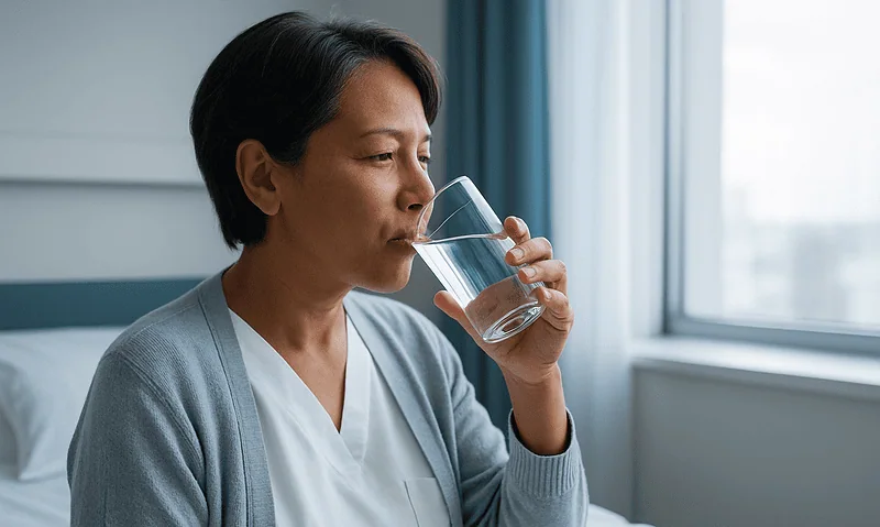 Woman drinking water in a bright, modern room at Acibadem Hospitals Group.