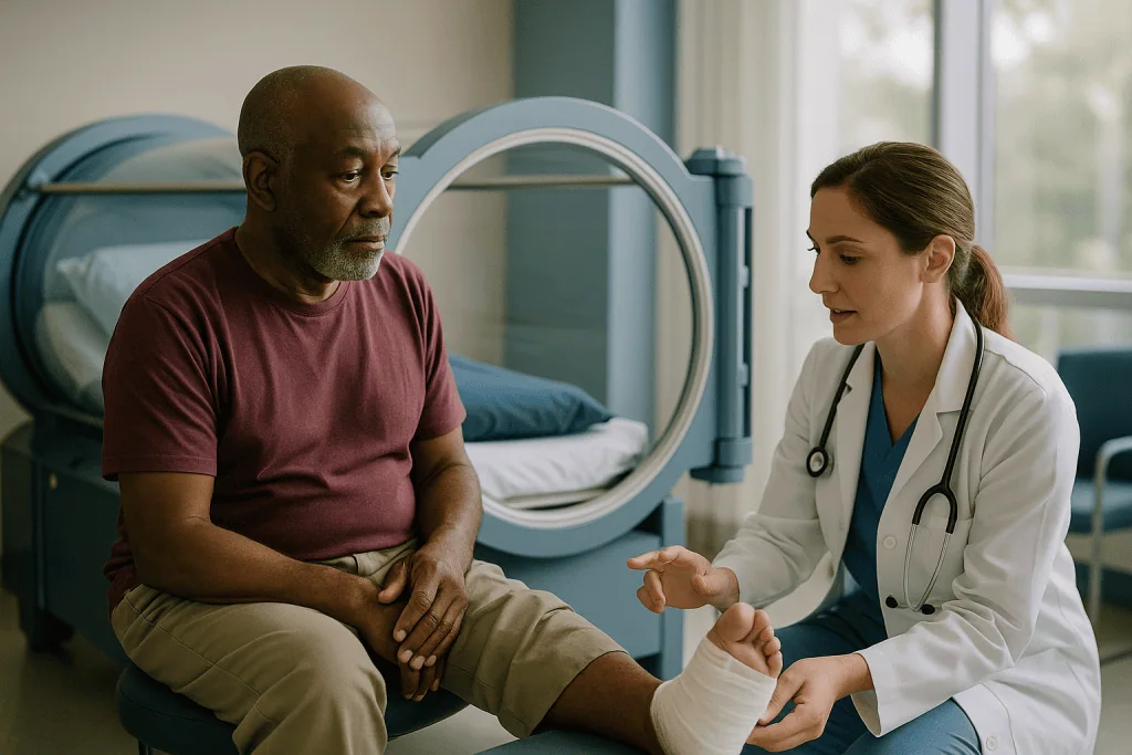 Doctor consulting with patient in hospital room: Hyperbaric chamber for wound healing: diabetic foot ulcers and other chroni