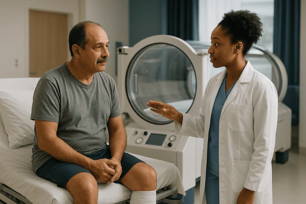 Doctor consulting patient in hyperbaric chamber room: Hyperbaric oxygen therapy conditions treated: the recognized indicatio
