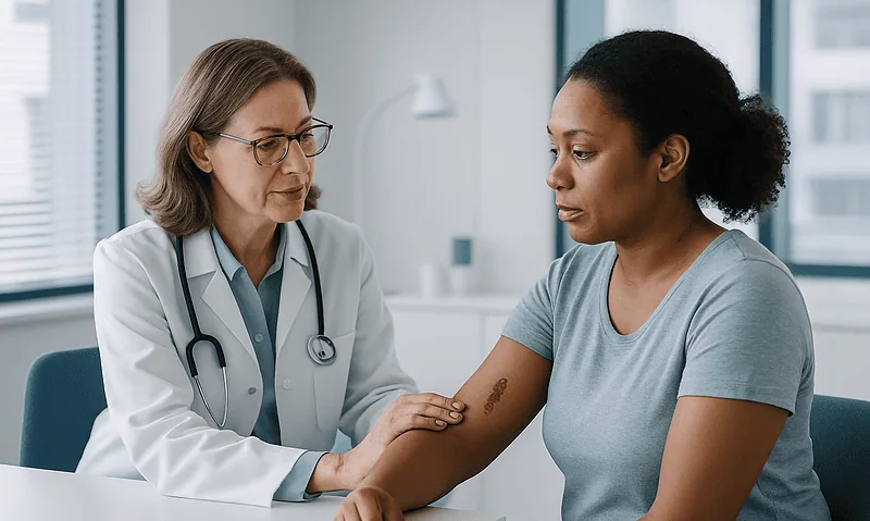 Doctor examining a patient's arm with a scar in a clinical setting.