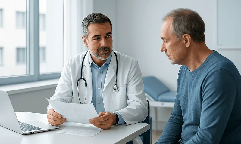 Doctor consulting with middle-aged male patient in clinic setting.