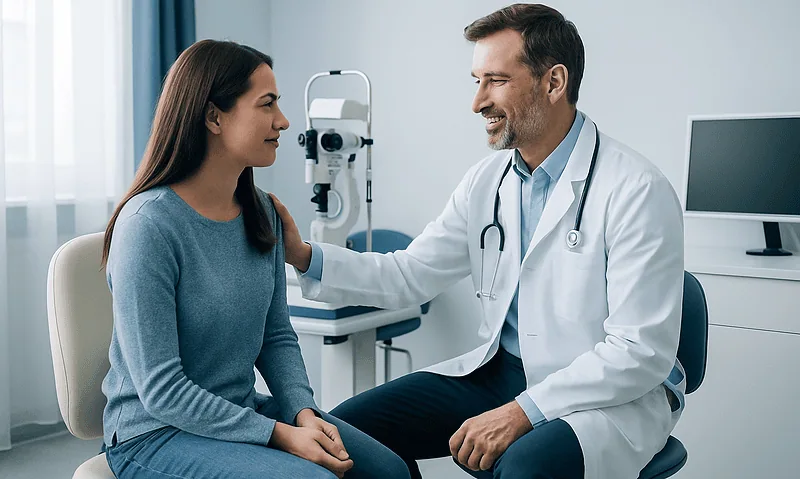 Ophthalmologist consulting with a patient in a medical office.