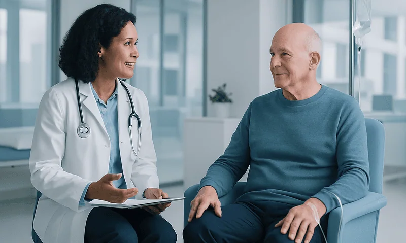 Doctor consulting with a patient in a modern hospital setting.