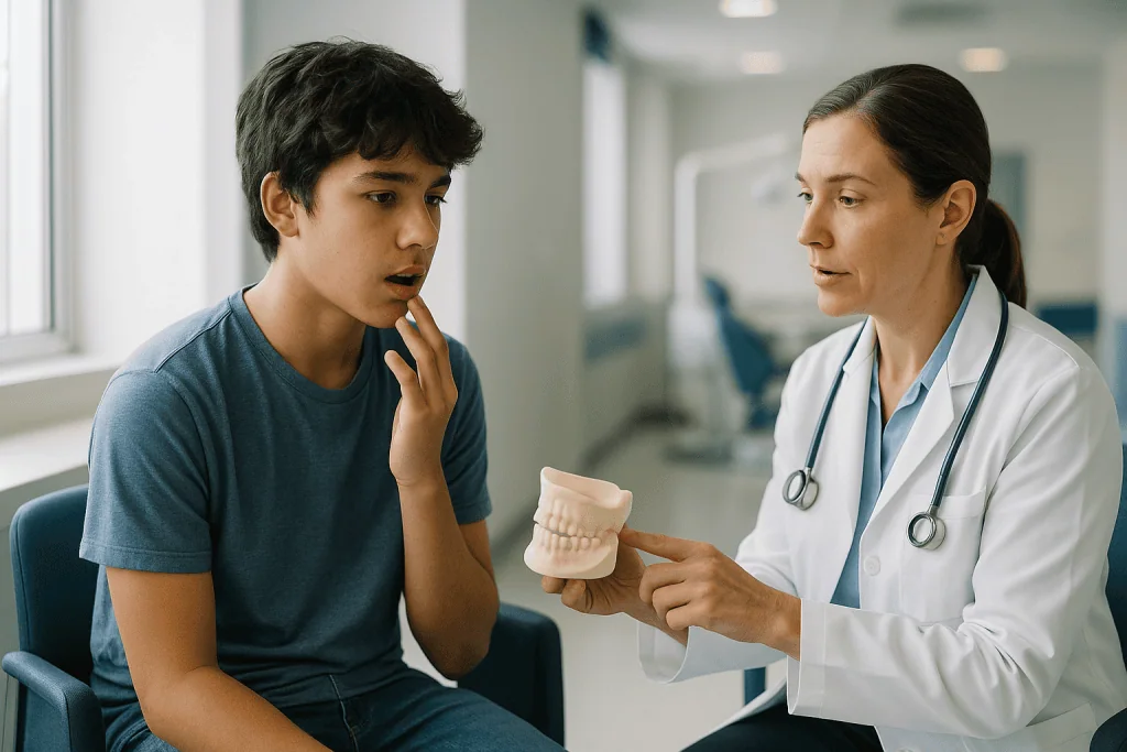 Dentist consulting teenage patient about dental model: Impacted teeth in teens: why the plan often looks different