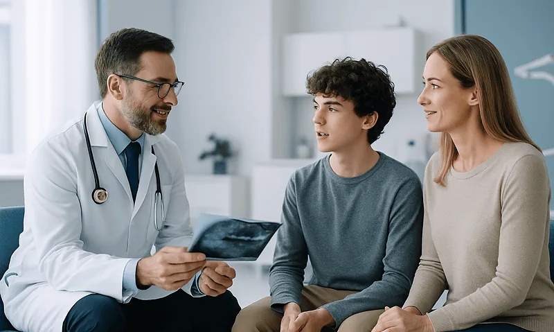 Dentist discussing impacted tooth treatment options with a teen and parent.