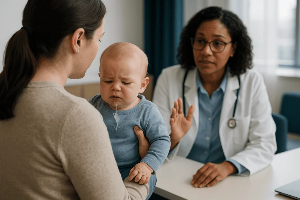 Mother with baby at pediatric consultation with doctor: Infant reflux symptoms that point toward GERD