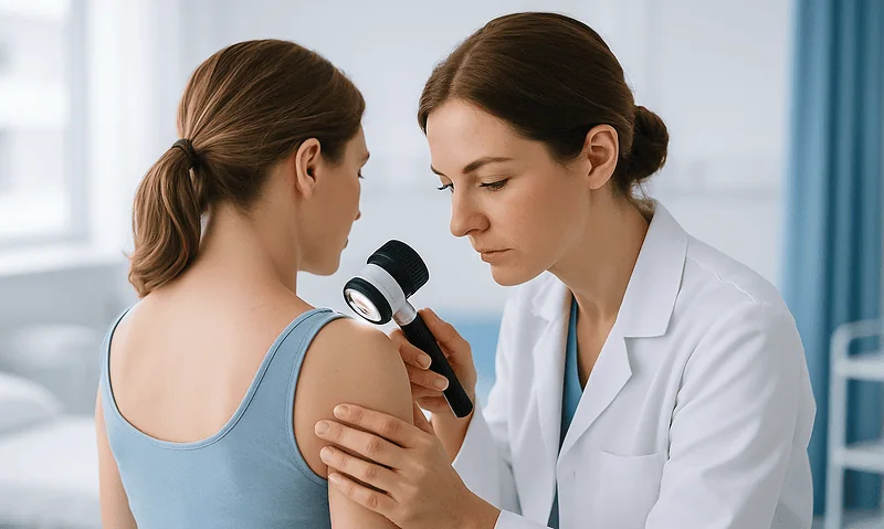 Doctor examining patient's shoulder with a dermatoscope in clinic.