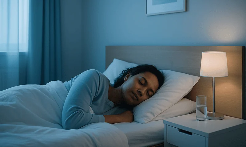 Woman sleeping peacefully in a modern bedroom with soft lighting.