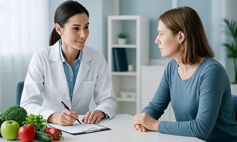 Doctor consulting a patient about health in a modern clinic setting.