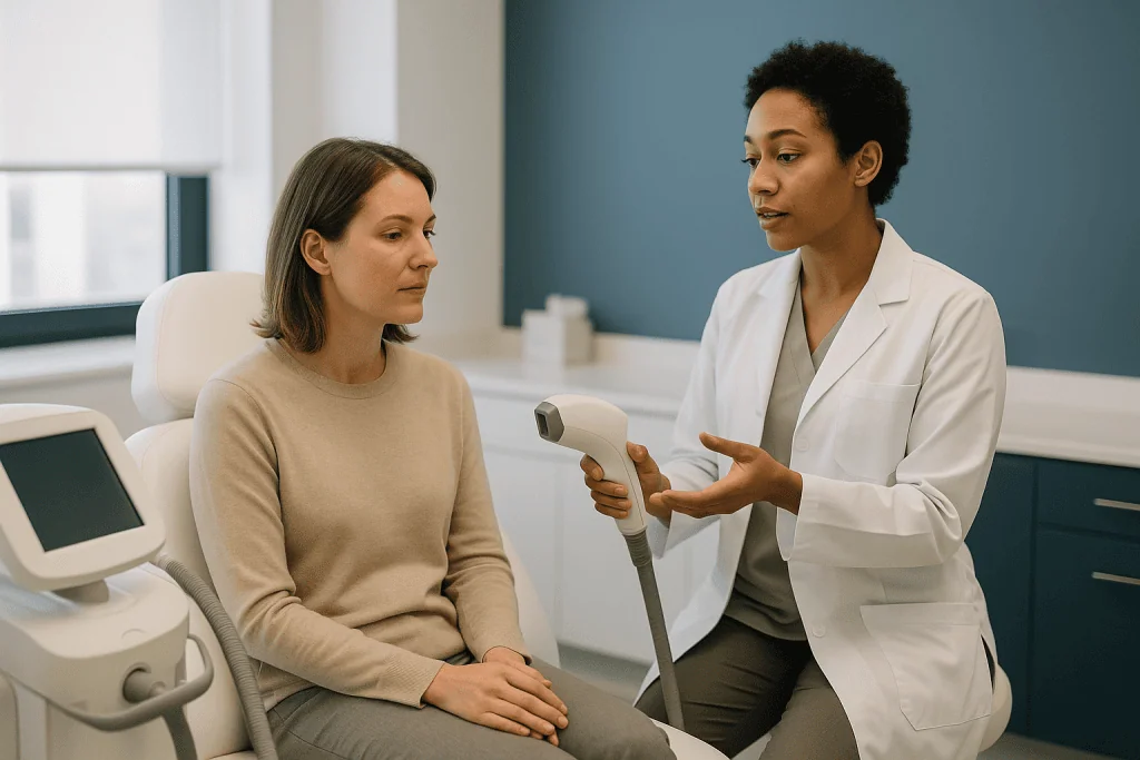 Dermatologist consulting patient about skin treatment: IPL treatment: why it is not a laser at all