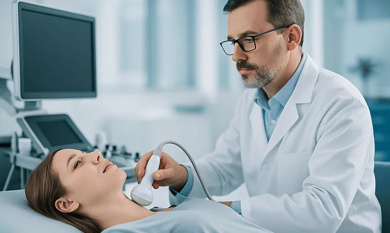 Doctor performing an ultrasound on a female patient in a medical clinic.
