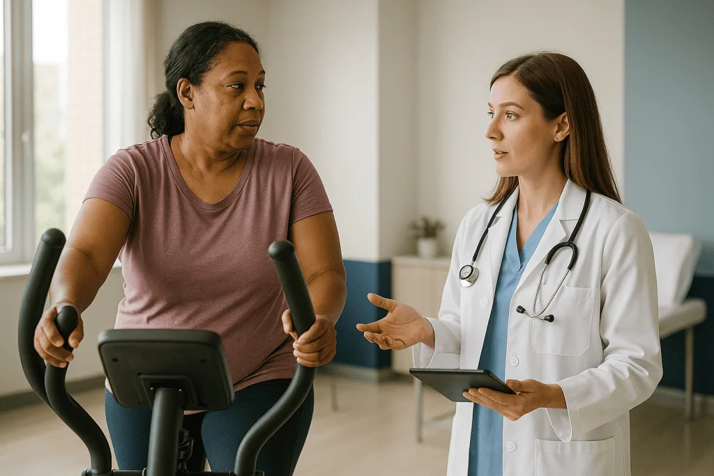 Doctor consulting with patient on stationary exercise bike: Is 5 miles on the elliptical the same as 5 miles on a treadmill?