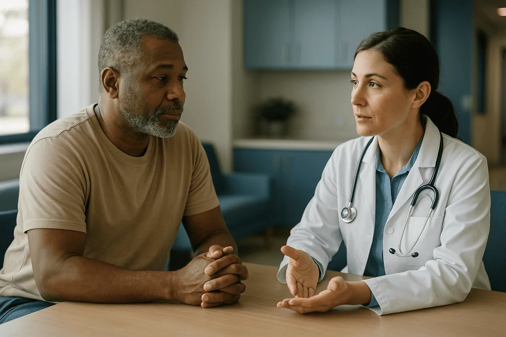 Doctor consulting with male patient in medical office: Is 7 hours of sleep enough for most adults? What the guidelines actua