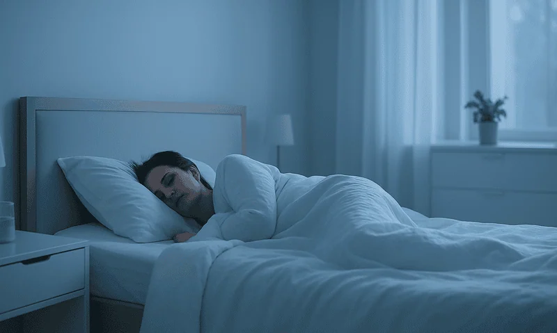 Woman sleeping peacefully in a modern bedroom with blue tones.