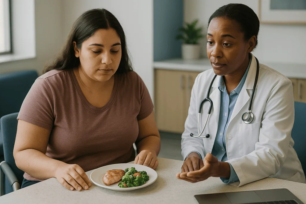 Doctor discussing nutrition plate with female patient: Is a low carb diet for PCOS better than a low glycemic one?