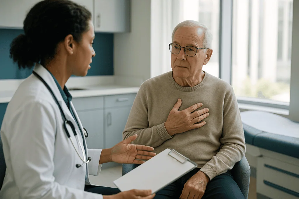 Doctor consulting senior male patient about cardiac symptoms: Is ablation necessary for AFib, and who is usually asked to wa