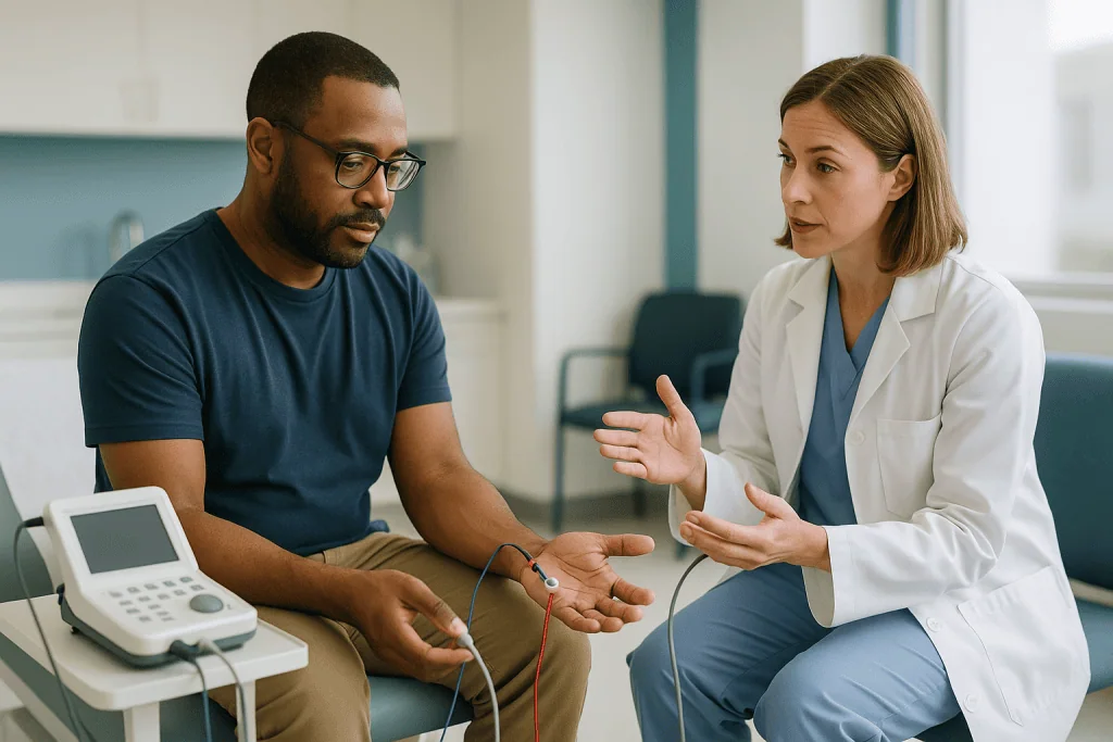 Doctor consulting patient with portable ultrasound machine: Is an EMG test painful? An honest answer about the two parts