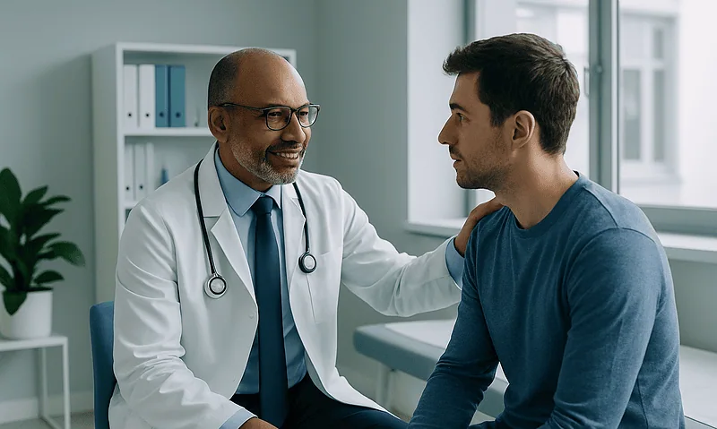 Doctor consulting with young male patient in a modern clinic setting.