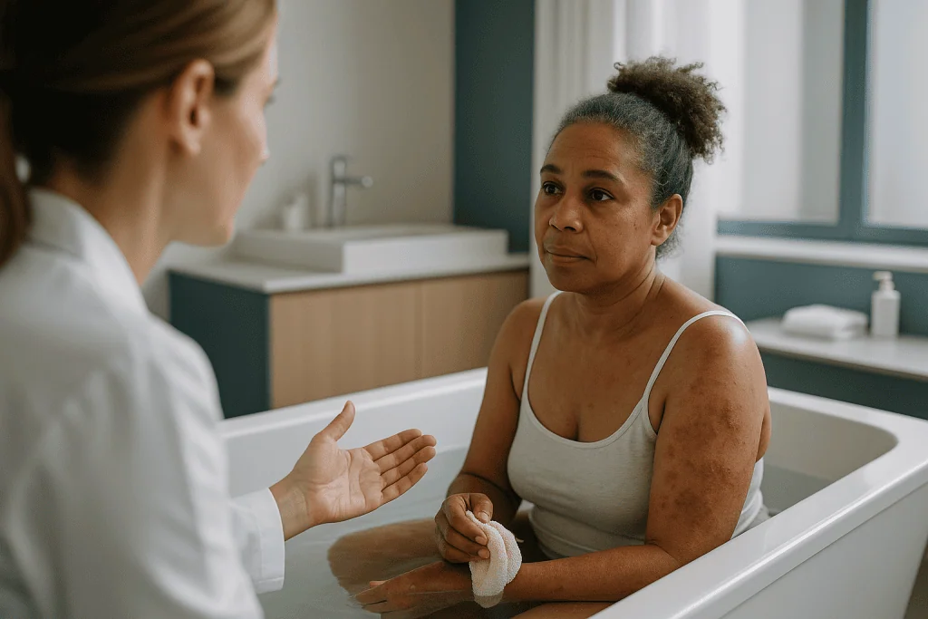 Healthcare provider consulting with patient in bathroom: Is daily bathing good or bad for eczema? The eczema bathing routine