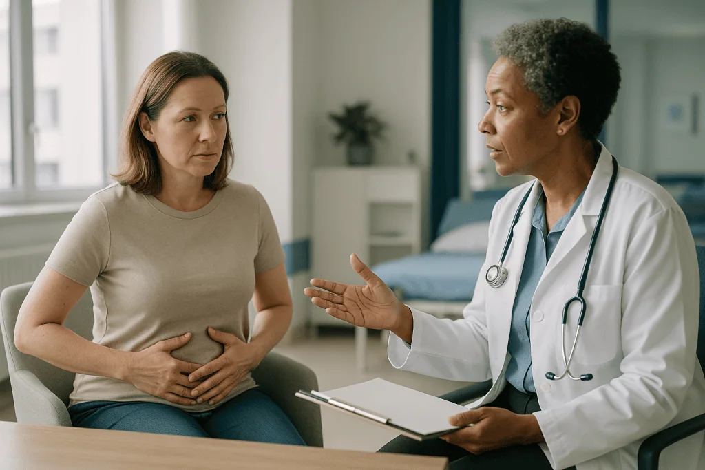 Doctor consulting female patient about abdominal symptoms: Is estrogen dominance a real diagnosis? What doctors say