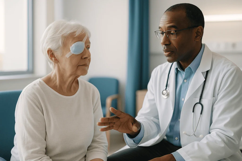 Doctor consulting elderly patient with eye patch post-surgery: Is flying after cataract surgery safe at altitude?