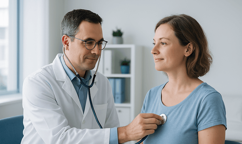 Doctor examining a woman with a stethoscope in a medical office.